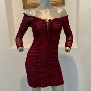 Ruffled long sleeve, off the shoulder red mini dress